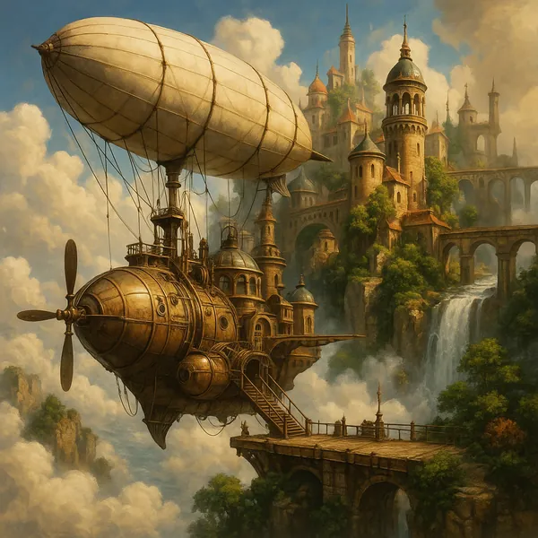 This captivating image portrays a steampunk airship gracefully docking at a fantastical cloud city.