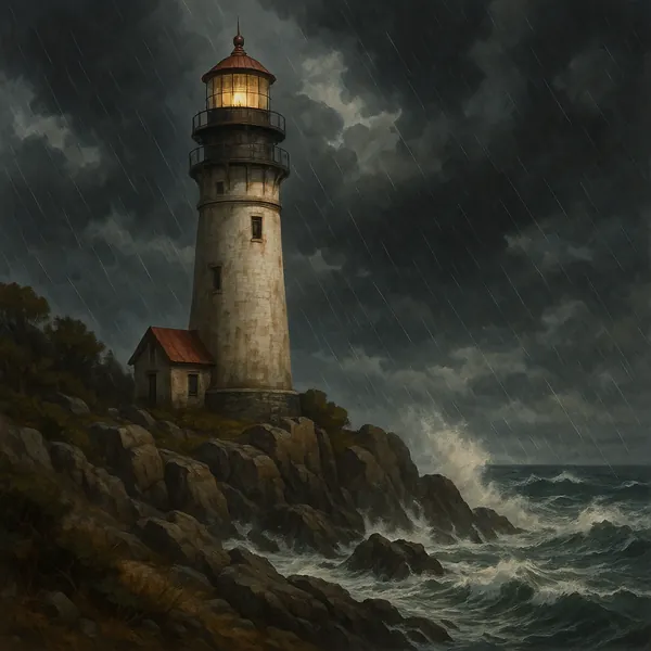 This image depicts a solitary lighthouse standing resiliently on a rocky coastline amidst a stormy setting.
