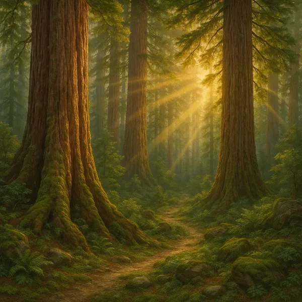This image captures the serene beauty of an ancient redwood forest.