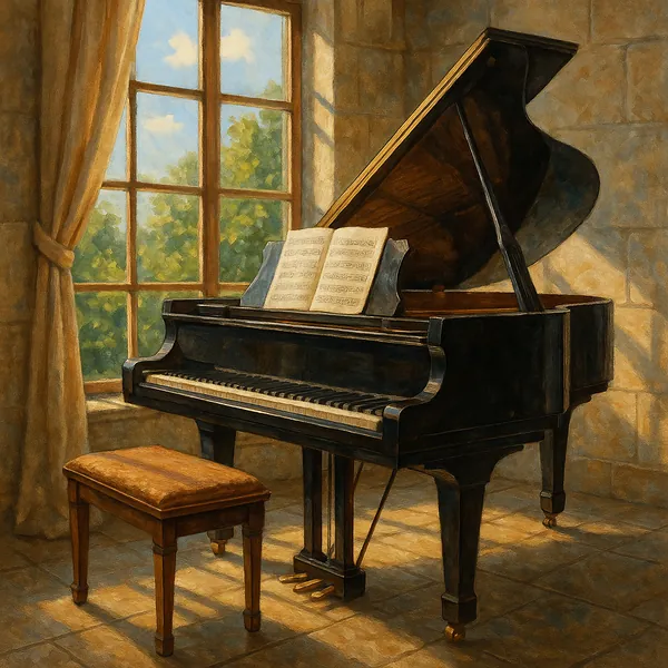The image portrays a serene studio illuminated by warm sunlight streaming through a large window.