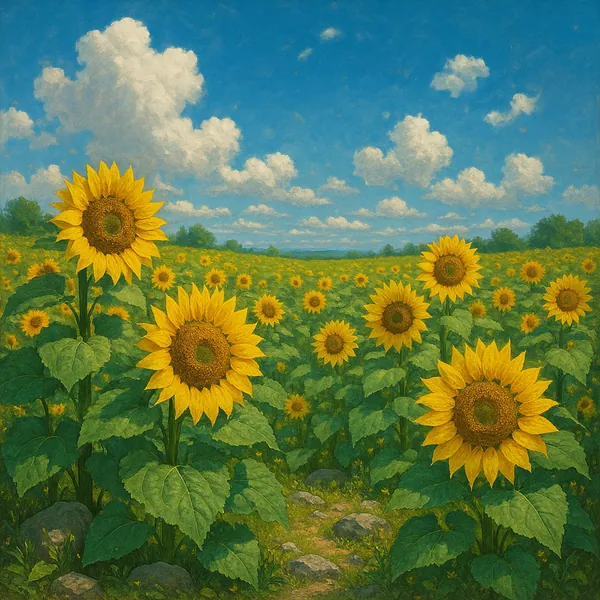 This vibrant image captures a sprawling meadow filled with towering sunflowers under a clear blue sky.