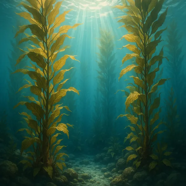 This serene underwater scene captures a vibrant kelp forest bathed in shafts of sunlight.