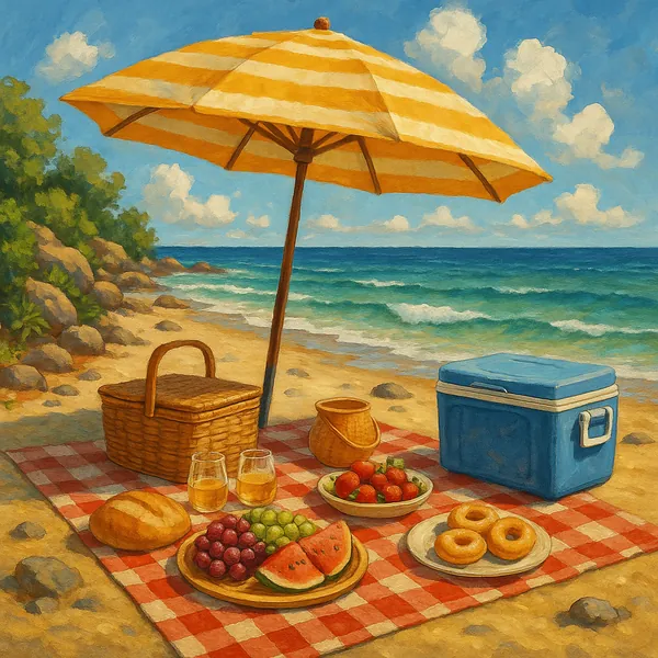 The image depicts a serene beach picnic scene under a vibrant yellow and white striped umbrella.