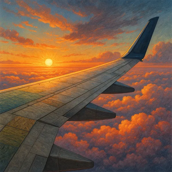 This striking image captures a serene view from an airplane, highlighting the wing as it slices through the sky above a sea of fluffy clouds.