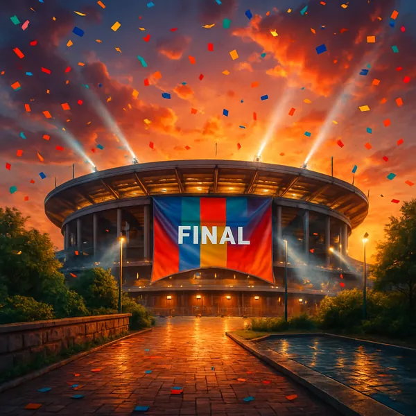 This image captures a vibrant scene of a stadium exterior during sunset, celebrating an international sports final.