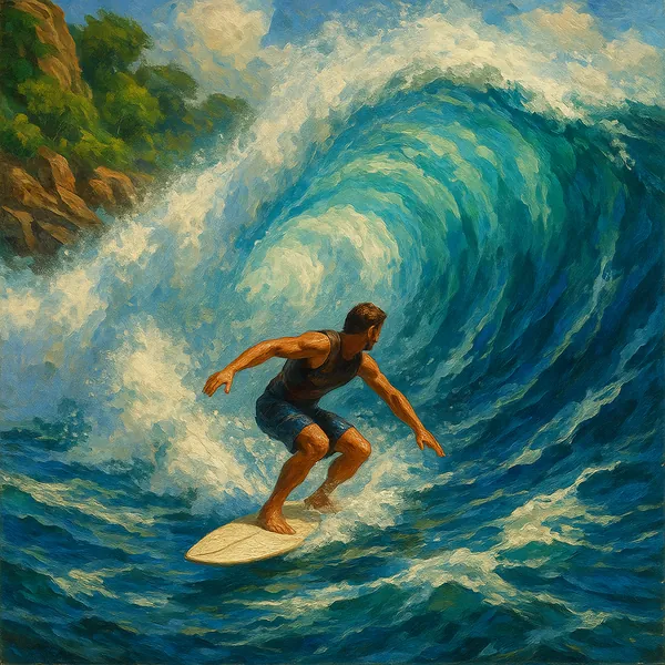 A dynamic painting captures a surfer skillfully navigating a massive, curling wave.