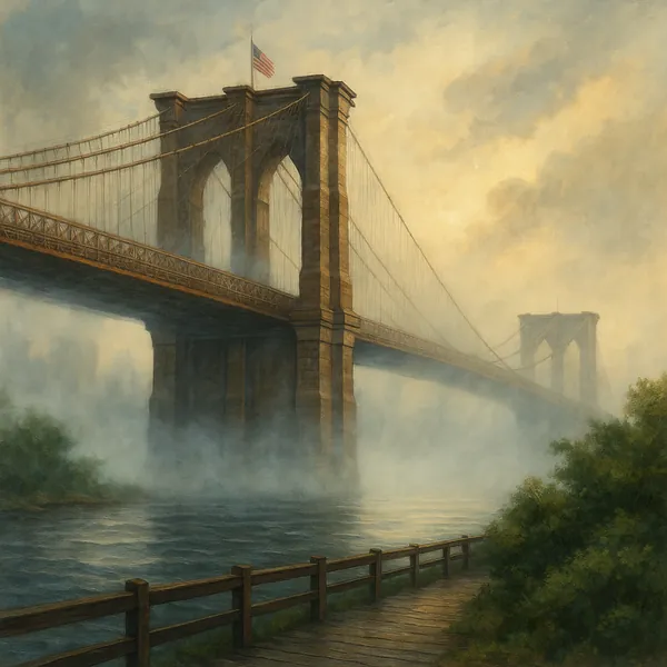 This atmospheric image depicts a majestic suspension bridge partially shrouded in morning fog.