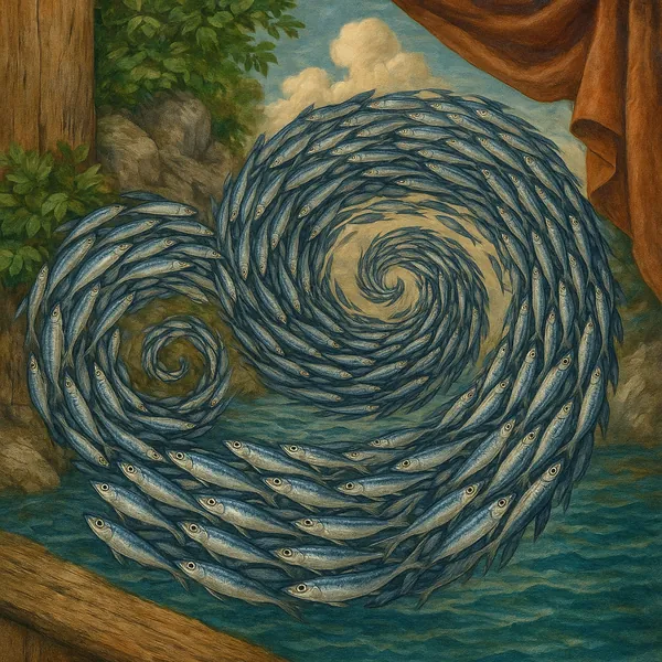 The image depicts a mesmerizing school of sardines forming intricate swirling patterns in a natural setting.