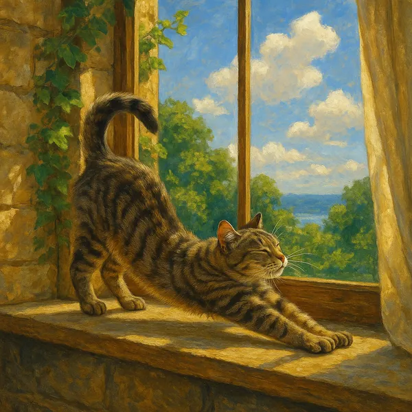 A tabby cat stretches comfortably on a sunlit window sill, basking in the warmth of the sunlight streaming through the window.