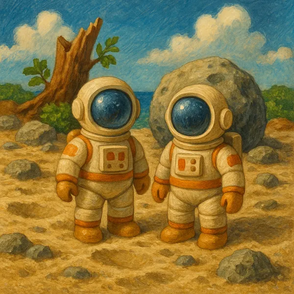 This whimsical image features two toy astronauts standing on a sandy surface that resembles a moon-like terrain.