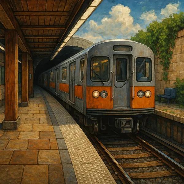 This image depicts a subway platform as a train arrives, captured in a painterly style.