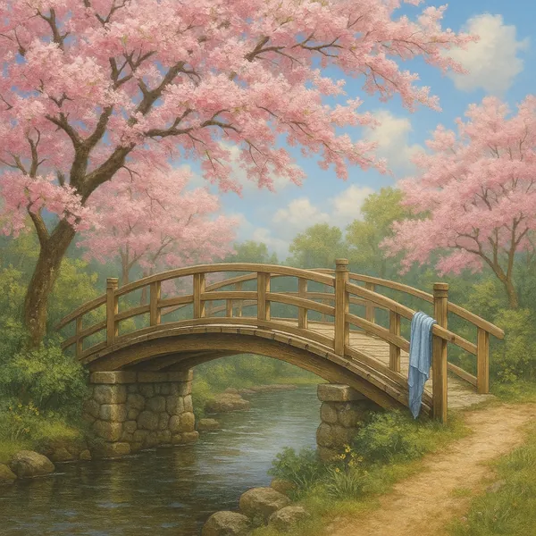 This serene image captures a picturesque wooden footbridge arching gracefully over a gentle stream.