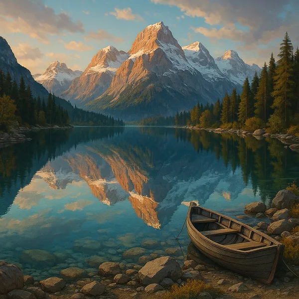 This image captures a serene alpine lake at dawn, reflecting the grandeur of snow-capped peaks.