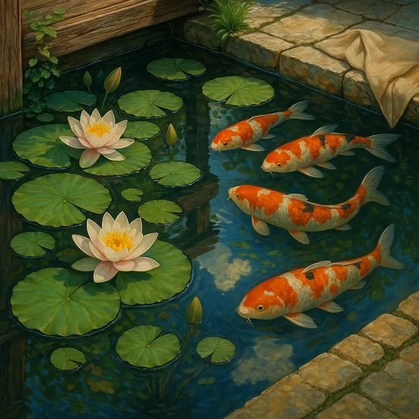 This serene image depicts a tranquil pond adorned with vibrant koi fish and blooming water lilies.