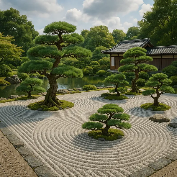 This serene image captures a beautifully arranged Japanese zen garden, featuring meticulously raked gravel surrounding elegant bonsai pines.