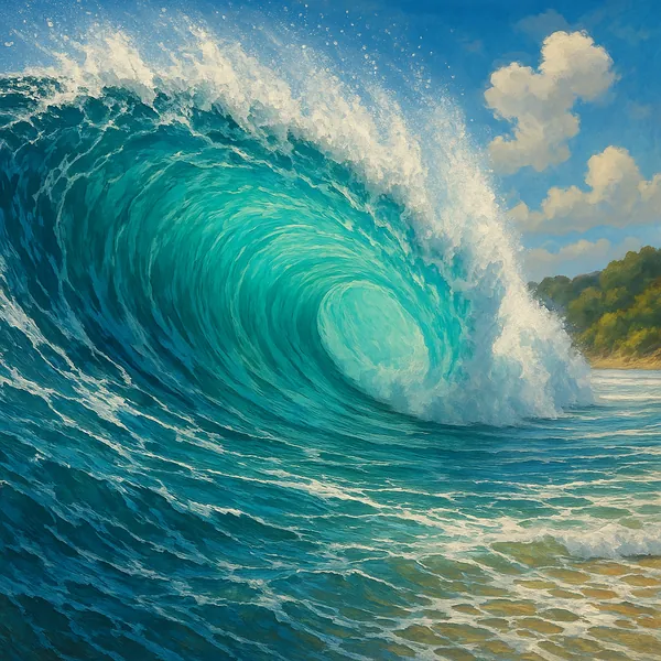 This captivating image captures a majestic ocean wave in mid-break, showcasing a stunning translucent turquoise barrel.