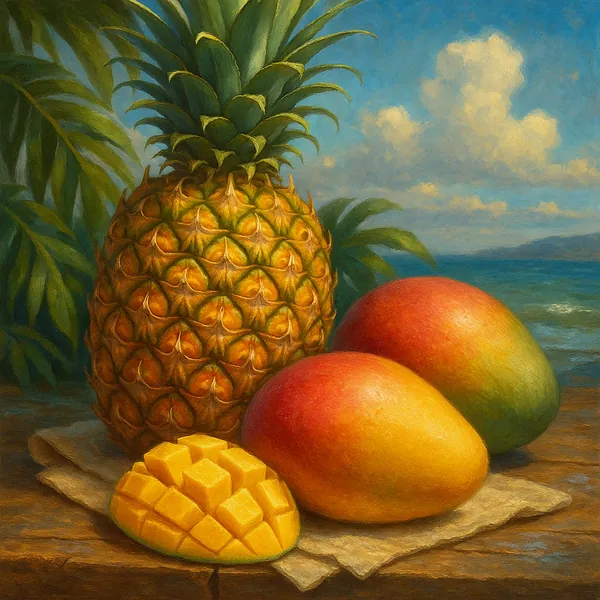 This vibrant still life painting features a collection of tropical fruits, including a prominent pineapple with its textured golden-brown skin and spiky green l