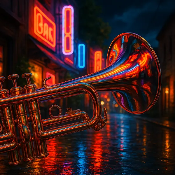 The image showcases a trumpet reflecting vibrant neon signs on a rainy night.