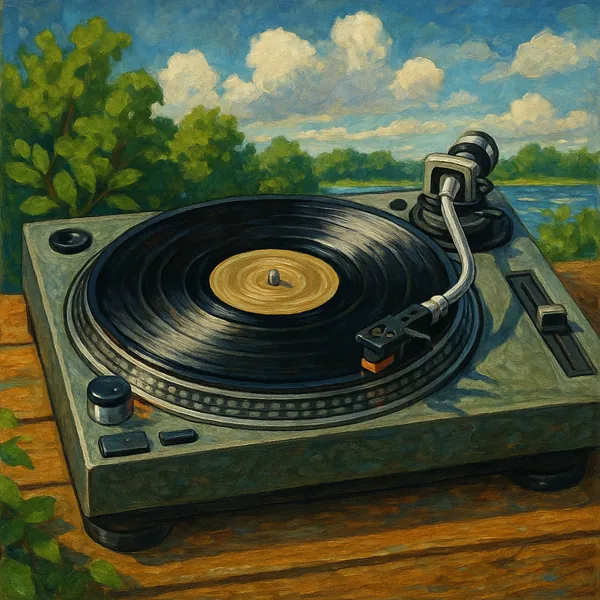 This image features a DJ turntable with a spinning vinyl record, set against a serene outdoor backdrop.
