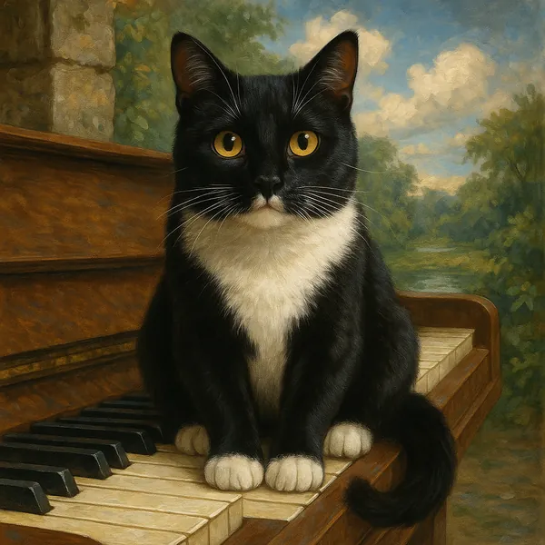 A tuxedo cat with striking black and white fur sits elegantly on the keys of a wooden piano.