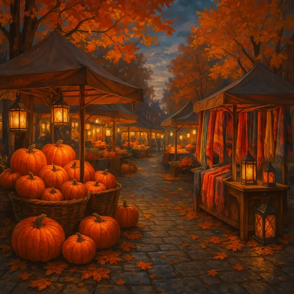 This image captures a lively autumn street market at dusk, featuring an array of vibrant stalls.