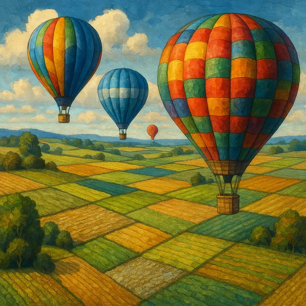 This image captures a scenic view of colorful hot air balloons gracefully floating above a landscape of patchwork fields.