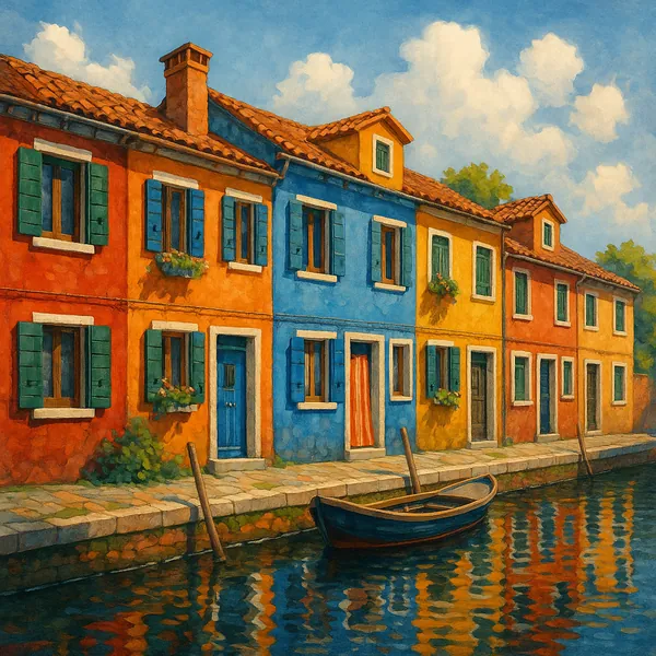 This image depicts a picturesque scene of colorful row houses lining a tranquil canal.