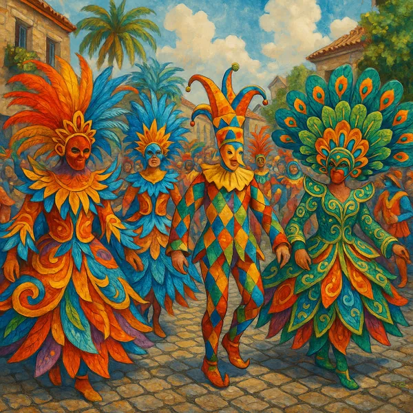 The image showcases a lively carnival parade featuring participants in elaborate, colorful costumes.