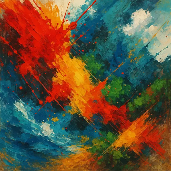 This abstract expressionist artwork features dynamic splashes of vivid colors across the canvas.
