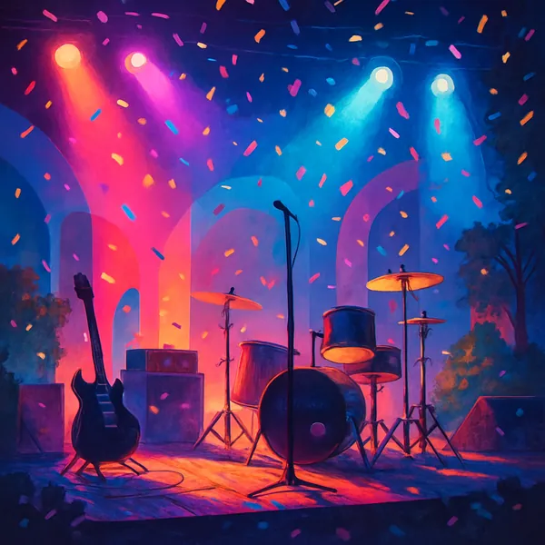 This image captures a dynamic concert stage set against a vibrant backdrop.