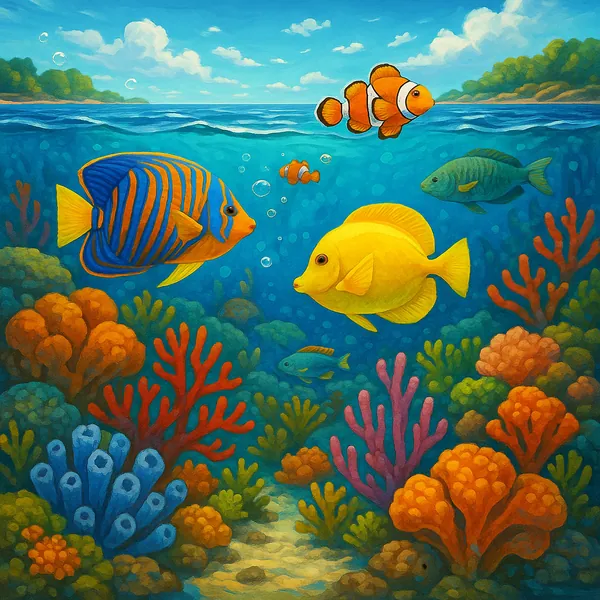 This vibrant artwork showcases a lively underwater coral reef teeming with colorful fish.
