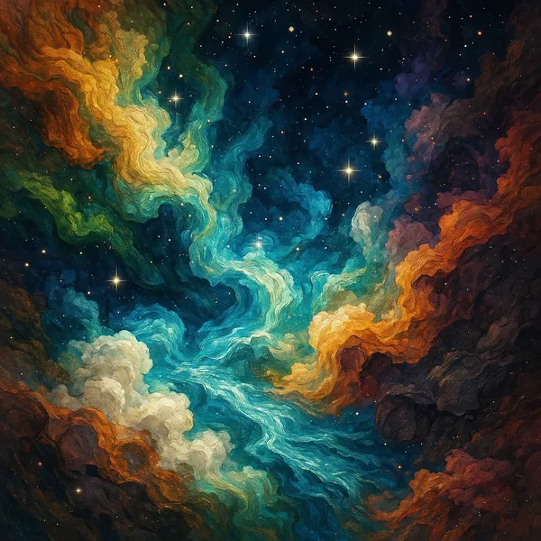 This image showcases a stunning, colorful nebula filled with swirling clouds of cosmic dust and scattered stars.