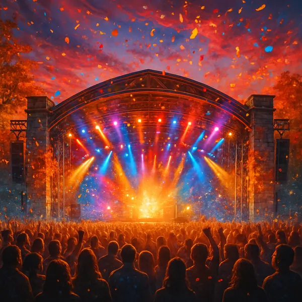 This image captures a lively music festival scene with a focus on an illuminated concert stage set against a stunning sunset sky.