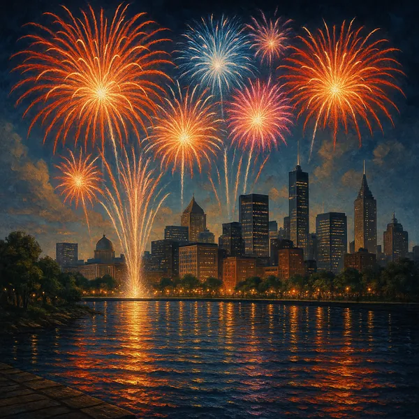 This image captures a dazzling display of fireworks illuminating a city skyline at night.