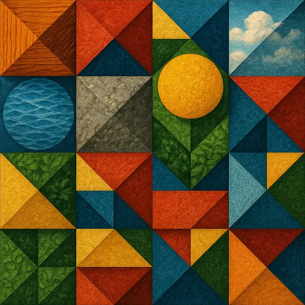 This image features a striking geometric tessellation composed of various shapes including triangles, squares, and circles.