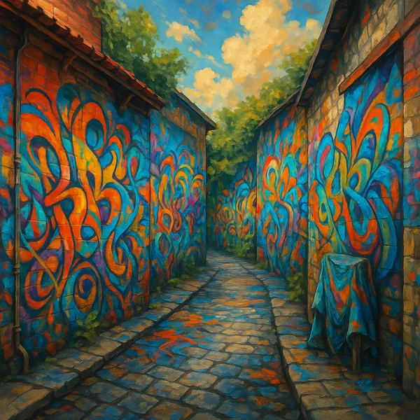 This image features a narrow alley adorned with vibrant graffiti art on both walls.