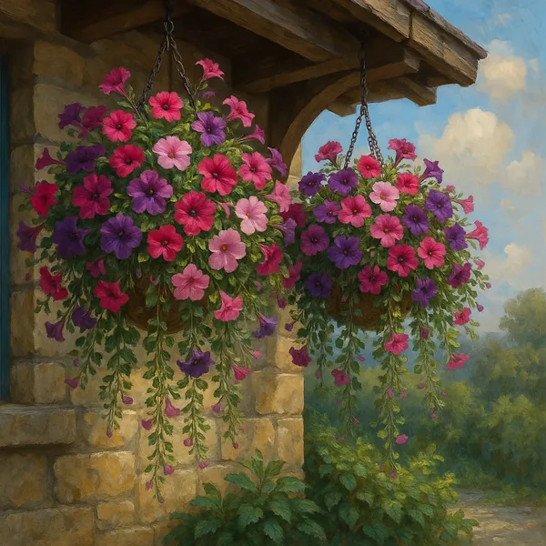 This image features two lush hanging baskets brimming with vibrant petunias in shades of pink, purple, and red.