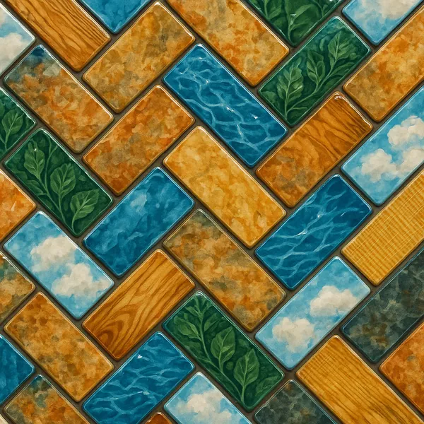 This image showcases a vibrant arrangement of glossy ceramic tiles laid in a herringbone pattern.