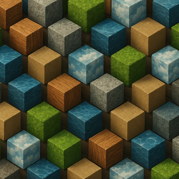 This image showcases an isometric arrangement of cubes, each adorned with distinct textures and colors, creating a visually engaging pattern.
