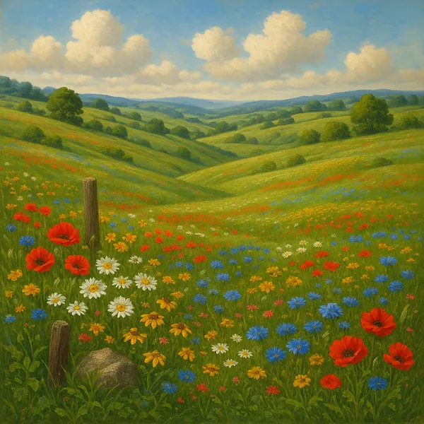 This image portrays a serene landscape of rolling meadows stretching into the distance.