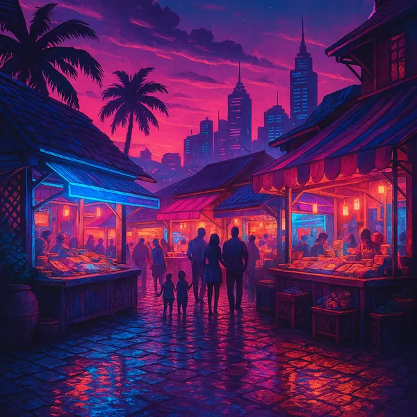 This image captures a lively street market scene at dusk, bathed in vibrant neon pink and blue hues.