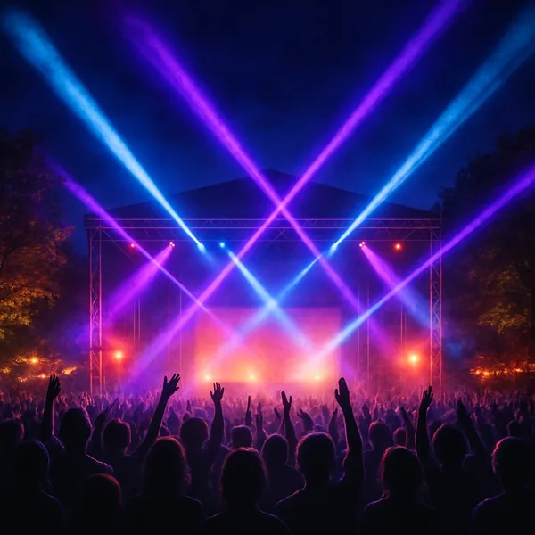 The image captures a dynamic concert stage illuminated by vivid neon purple and blue spotlights that crisscross over a lively crowd.