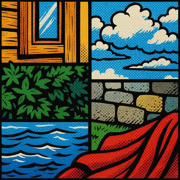 This image showcases a pop art comic panel divided into six distinct sections, each filled with vibrant colors and halftone dots.