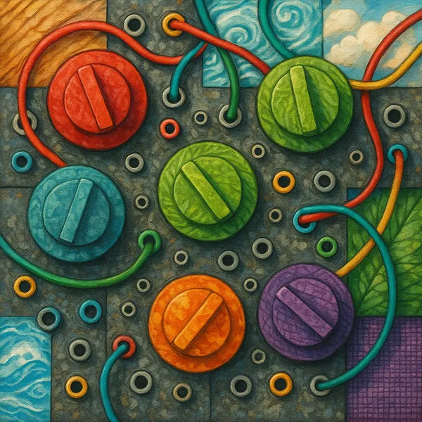 This image showcases a vibrant arrangement of synthesizer knobs and cables.