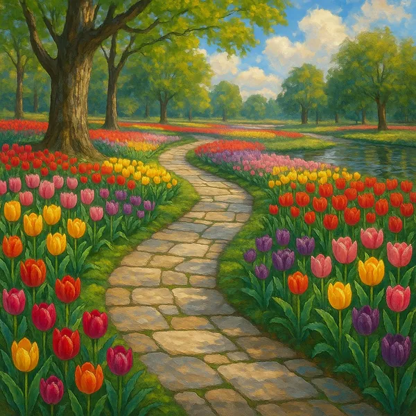 This image depicts a serene garden scene featuring a winding stone path that meanders through vibrant beds of tulips.