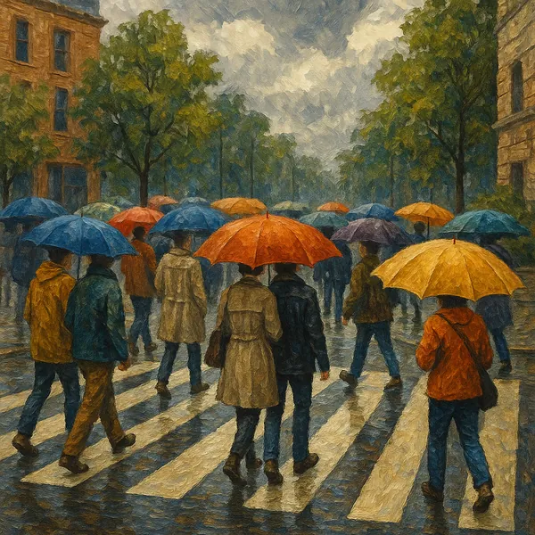 The image captures a bustling city scene as people traverse a crosswalk under a myriad of colorful umbrellas.