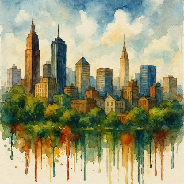 This watercolor painting presents a dynamic city skyline, characterized by tall, diverse skyscrapers that stretch into a sky filled with soft, fluffy clouds.
