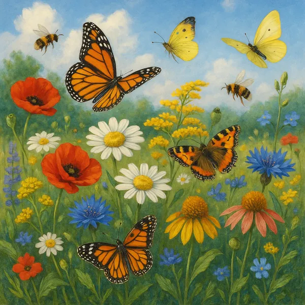 This image captures a lively scene of a wildflower patch teeming with activity.