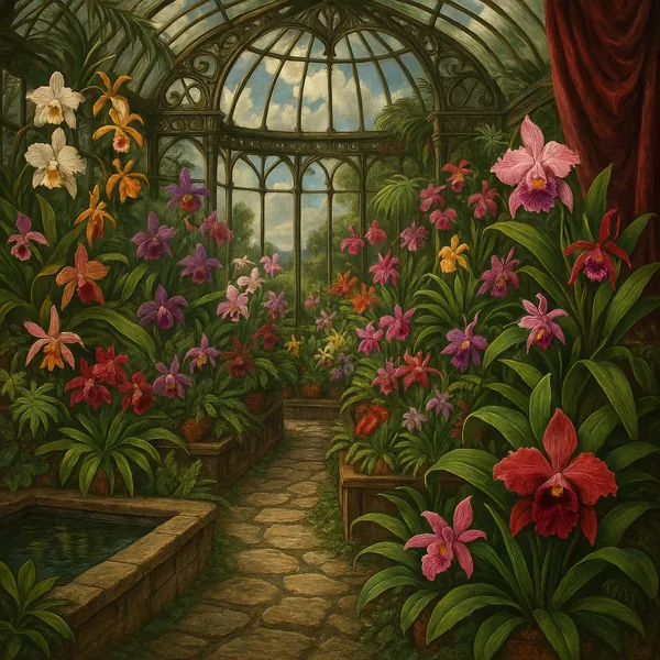 This image captures a lush Victorian greenhouse filled with a vibrant array of exotic orchids.