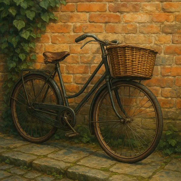 The image depicts an old bicycle with a large wicker basket resting against a rustic brick wall.